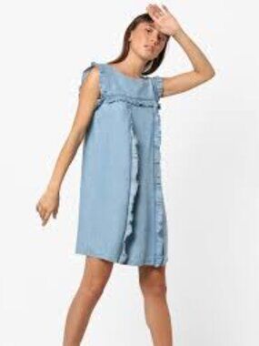 Zara Premium Blue Tencel Lightweight Chambray Ruffle Shift Dress Size Small
